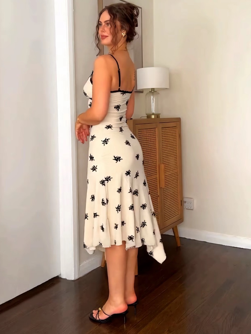 Cream Floral Slip Dress with Black Trim - Picture 2 of 2